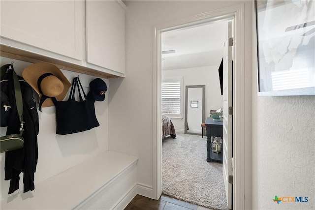 mudroom with dark carpet