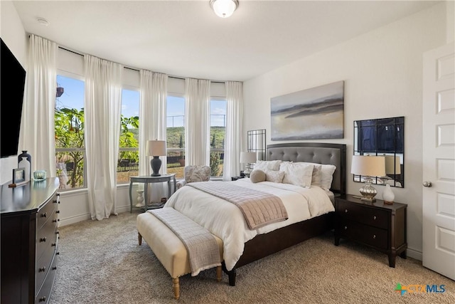 bedroom featuring light colored carpet and multiple windows