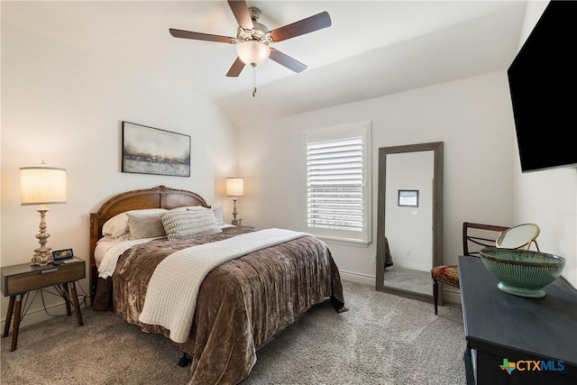 bedroom with light carpet, ceiling fan, and lofted ceiling