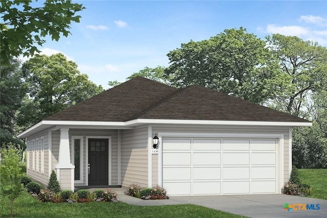 ranch-style home with an attached garage and roof with shingles