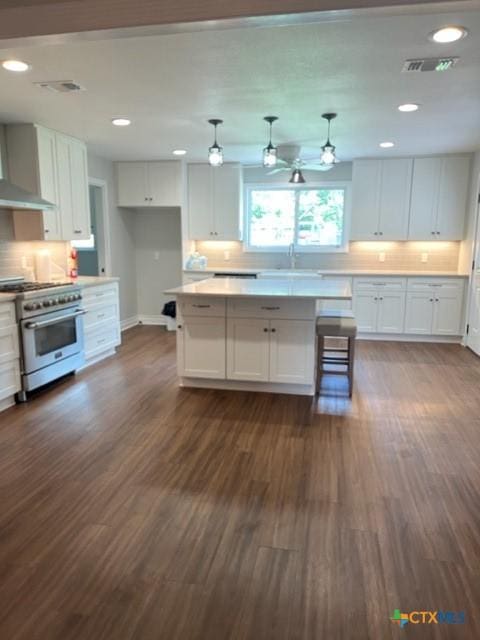 716 Josephine St, Yoakum, TX 77995 - kitchen with stainless steel stove, white cabinets, dark wood-style flooring, backsplash, and recessed lighting