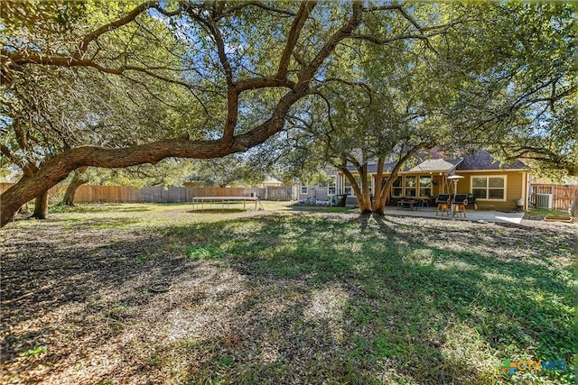 view of yard with a trampoline, a patio area, and a fenced backyard