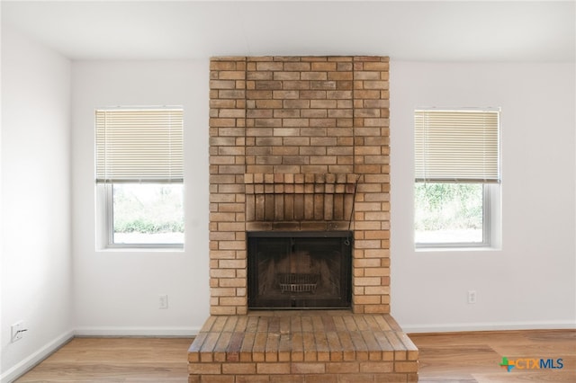 interior details featuring wood-type flooring and a fireplace