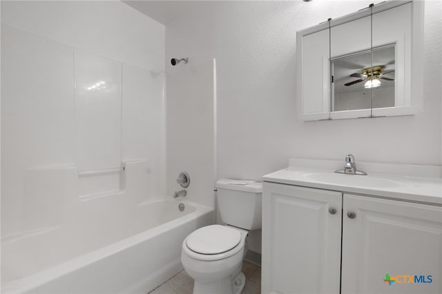 full bathroom with vanity, tile patterned flooring, shower / washtub combination, toilet, and ceiling fan