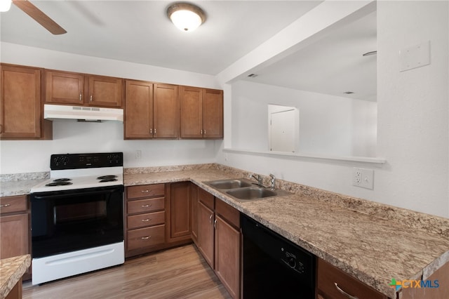 kitchen with light hardwood / wood-style floors, sink, ceiling fan, electric range, and black dishwasher