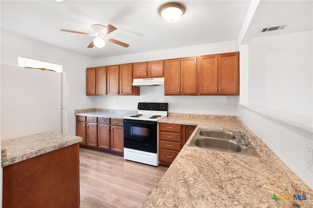 kitchen with sink, light stone counters, ceiling fan, white appliances, and light hardwood / wood-style flooring