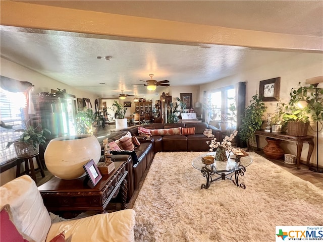 living room featuring a textured ceiling and ceiling fan