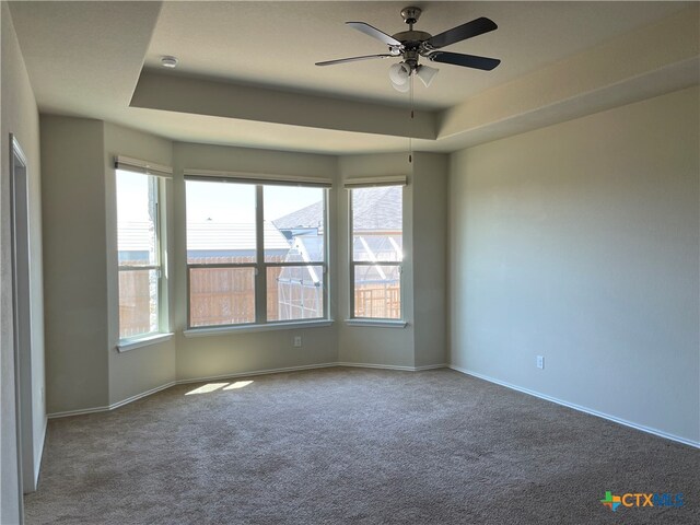 unfurnished room with carpet, a wealth of natural light, and ceiling fan