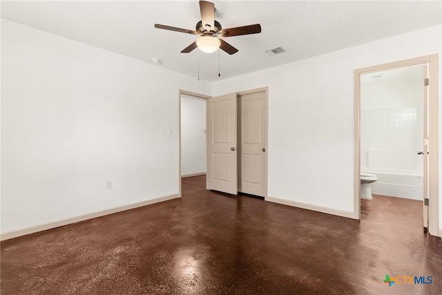 unfurnished bedroom with ceiling fan and ensuite bath