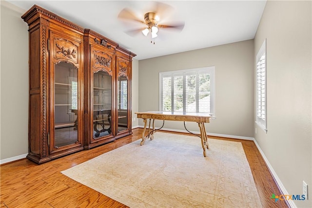 313 Treasure Oaks Rd, Inez, TX 77968 - home office with plenty of natural light, light wood-style flooring, baseboards, and a ceiling fan