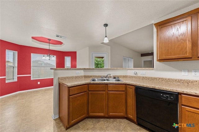 kitchen with a sink, brown cabinetry, black dishwasher, and visible vents