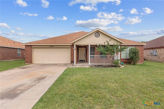 single story home featuring covered porch, driveway, a front lawn, and a garage
