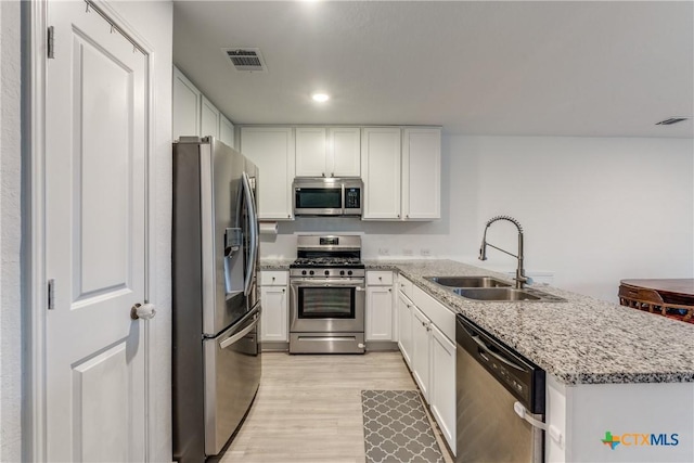 kitchen featuring light wood finished floors, visible vents, appliances with stainless steel finishes, white cabinetry, and a sink