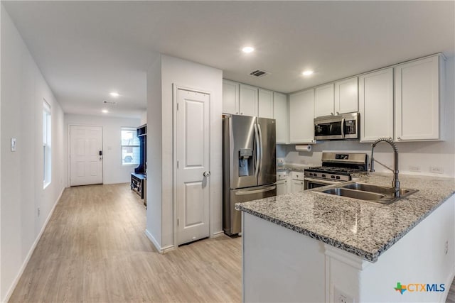 kitchen featuring stainless steel appliances, visible vents, white cabinetry, a sink, and a peninsula