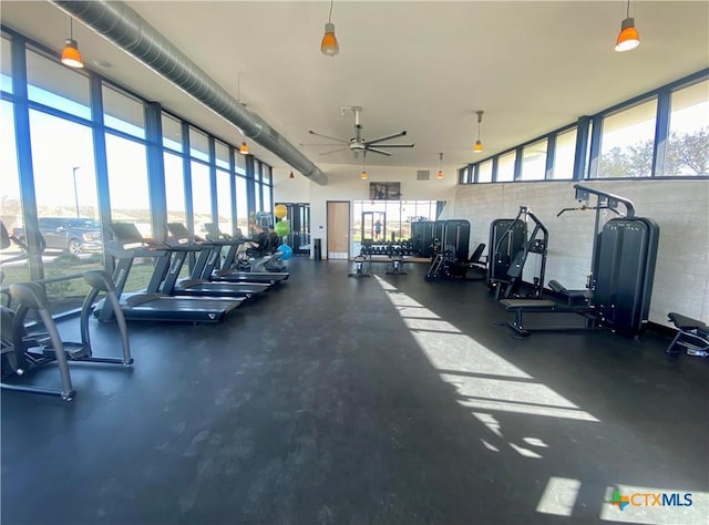 gym with a ceiling fan and plenty of natural light