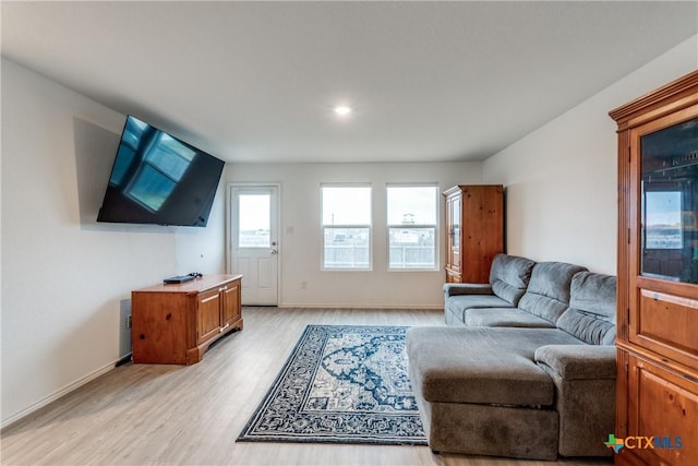 living room with light wood-style flooring and baseboards