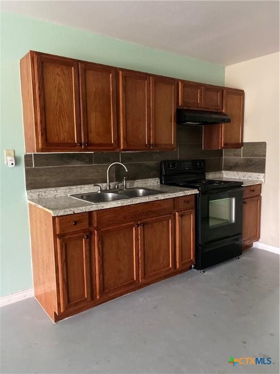 414 Henk Ln, San Marcos, TX 78666 - kitchen with light countertops, decorative backsplash, a sink, under cabinet range hood, and black / electric stove