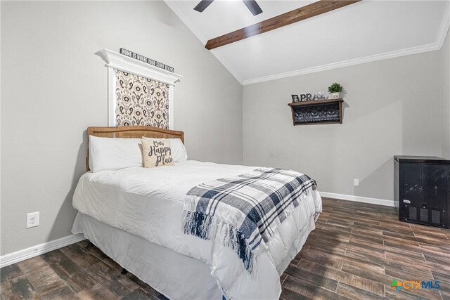 1011 Gilmore St, Taylor, TX 76574 - bedroom with crown molding, vaulted ceiling with beams, wood finished floors, and baseboards