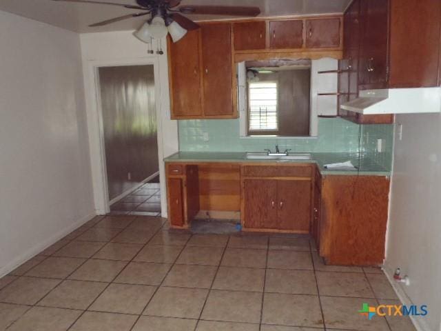 335 Hot Wells Blvd, San Antonio, TX 78223 - kitchen featuring under cabinet range hood, decorative backsplash, a ceiling fan, and light countertops