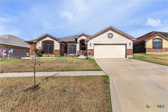 single story home featuring a front yard and a garage