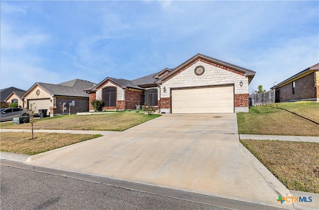 ranch-style house with a garage and a front lawn