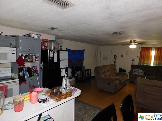 interior space featuring ceiling fan, wood-type flooring, and a textured ceiling