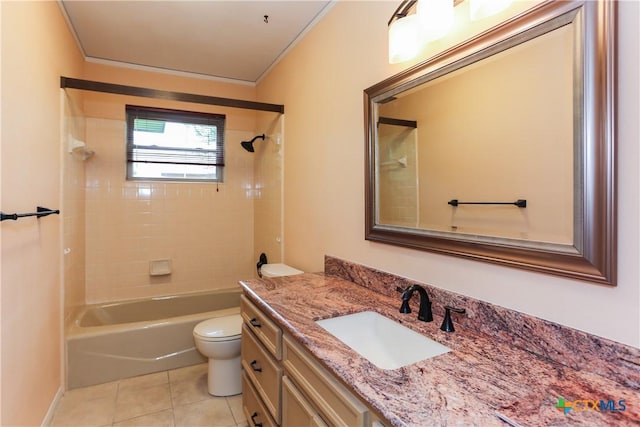 bathroom with toilet, tile patterned floors, crown molding, vanity, and shower / bath combination