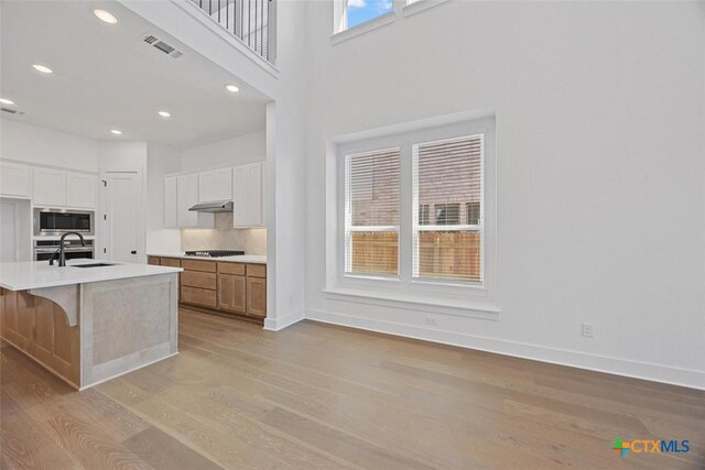 kitchen featuring white cabinetry, sink, extractor fan, a center island with sink, and appliances with stainless steel finishes