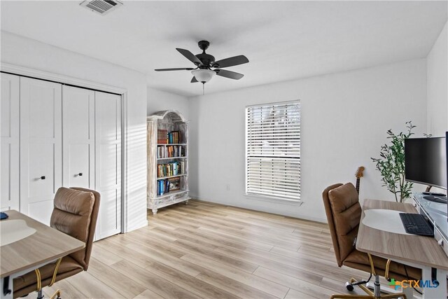 701 W Esparada Dr, Georgetown, TX 78628 - home office with a ceiling fan and light wood-style floors