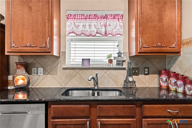 2307 Scott Dr, Copperas Cove, TX 76522 - kitchen with dishwasher, a sink, backsplash, and dark stone counters