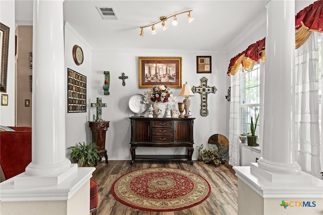 2307 Scott Dr, Copperas Cove, TX 76522 - foyer with ornate columns, wood finished floors, and ornamental molding