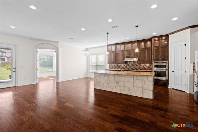 200 Tate Ln, Round Rock, TX 78626 - kitchen featuring tasteful backsplash, dark wood finished floors, light stone countertops, a center island with sink, and glass insert cabinets