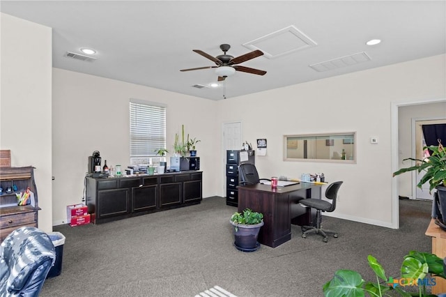200 Tate Ln, Round Rock, TX 78626 - carpeted home office featuring a ceiling fan and recessed lighting