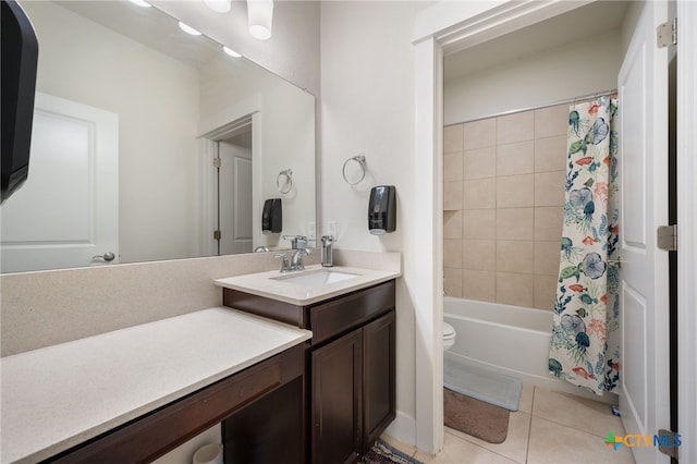 14000 Alloro Dr, Austin, TX 78717 - full bathroom featuring toilet, tile patterned floors, vanity, and shower / tub combo with curtain