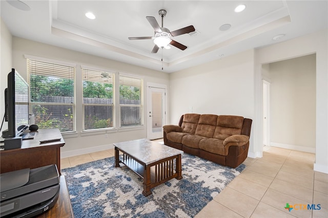 14000 Alloro Dr, Austin, TX 78717 - living room featuring recessed lighting, light tile patterned floors, ceiling fan, and a raised ceiling