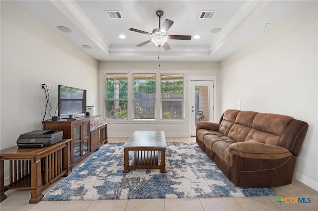 14000 Alloro Dr, Austin, TX 78717 - living area featuring tile patterned flooring, visible vents, a tray ceiling, and a ceiling fan