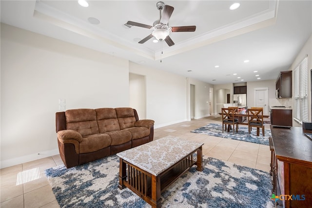 14000 Alloro Dr, Austin, TX 78717 - living room featuring baseboards, recessed lighting, light tile patterned floors, a raised ceiling, and ceiling fan