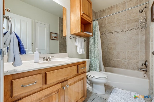 full bathroom featuring toilet, tile patterned floors, vanity, and shower / bathtub combination with curtain