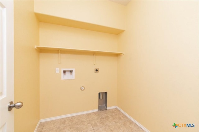 clothes washing area with hookup for an electric dryer, hookup for a gas dryer, light tile patterned flooring, washer hookup, and laundry area
