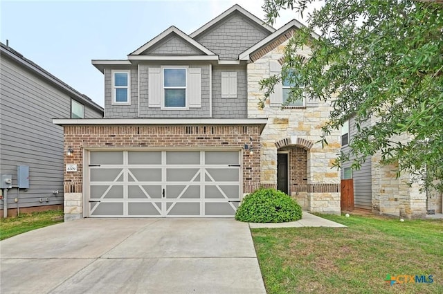 6309 Carriage Pines Dr, Del Valle, TX 78617 - craftsman-style house with brick siding, a garage, stone siding, a front yard, and concrete driveway