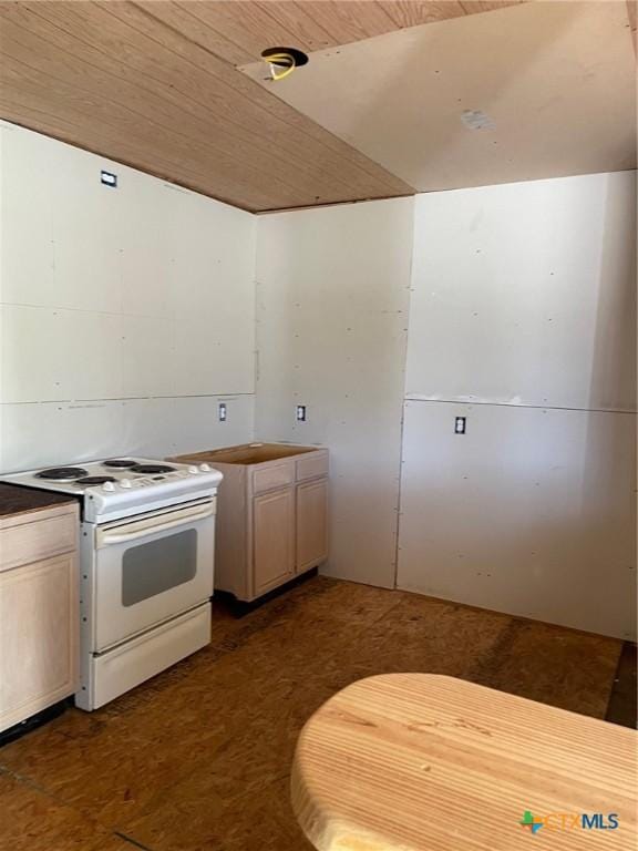 2413 Fuller Dr, Canyon Lake, TX 78133 - kitchen with white electric range oven and wood ceiling