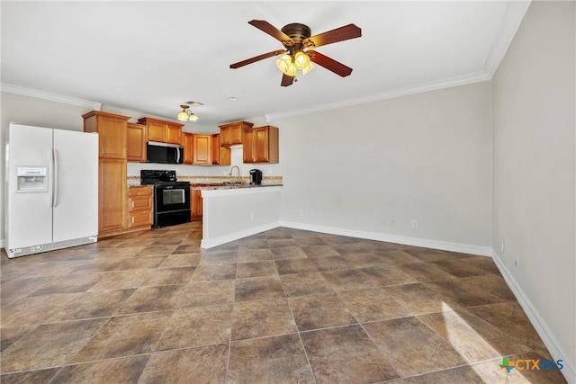 34 Spruce Dr, Belton, TX 76513 - kitchen featuring white refrigerator with ice dispenser, black electric range, stainless steel microwave, ornamental molding, and a sink