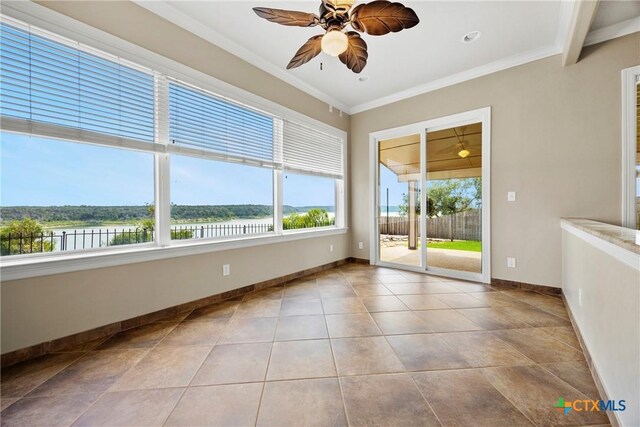 34 Spruce Dr, Belton, TX 76513 - tiled empty room with ornamental molding, a ceiling fan, baseboards, and a water view