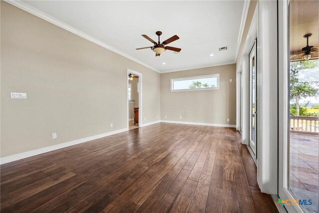 34 Spruce Dr, Belton, TX 76513 - empty room with ceiling fan, dark wood finished floors, baseboards, crown molding, and recessed lighting