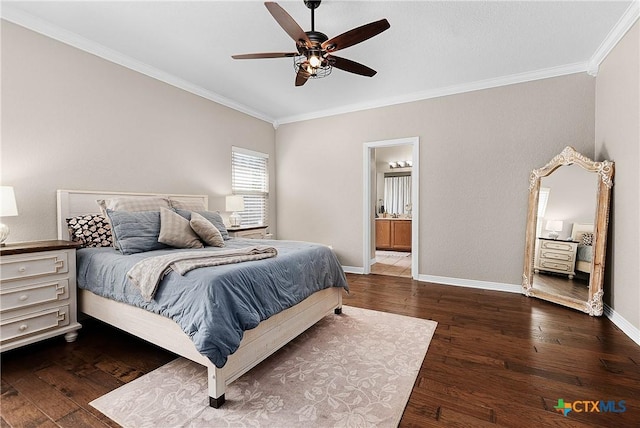 bedroom featuring dark wood-style floors, ornamental molding, a ceiling fan, and baseboards