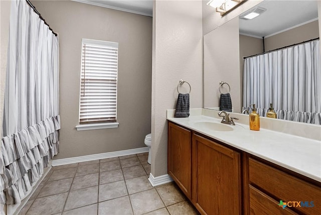 full bath with tile patterned flooring, toilet, vanity, visible vents, and ornamental molding