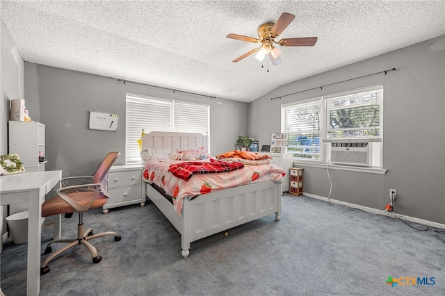 carpeted bedroom with ceiling fan, a textured ceiling, cooling unit, and lofted ceiling