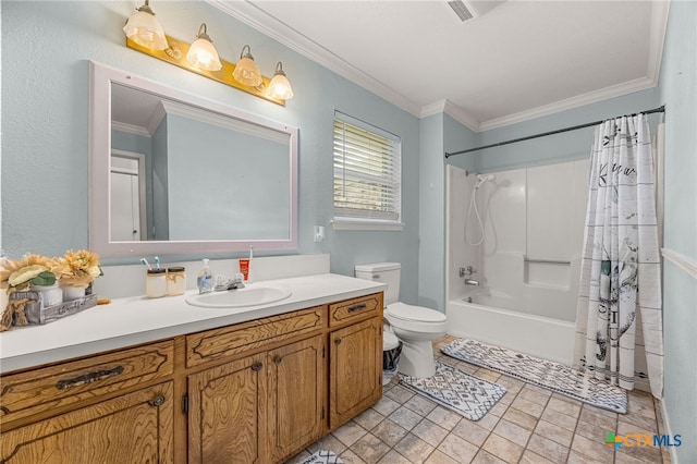 full bathroom with vanity, shower / bath combo, toilet, and ornamental molding