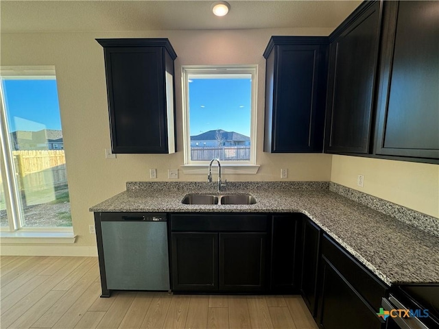 kitchen featuring dishwasher, a sink, a mountain view, and a healthy amount of sunlight