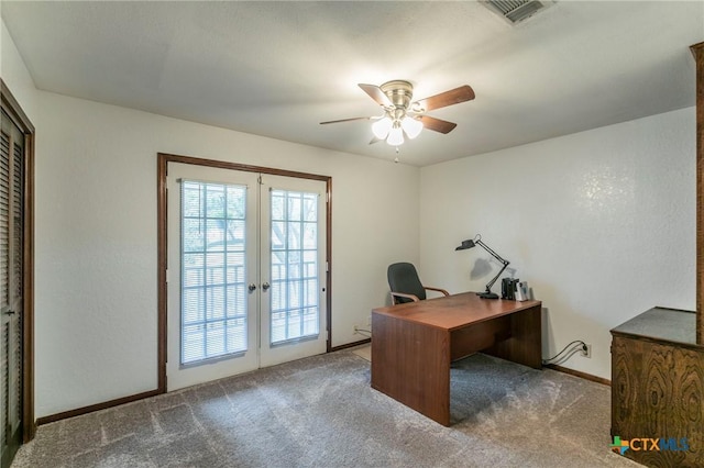 carpeted office with a ceiling fan, french doors, visible vents, and baseboards